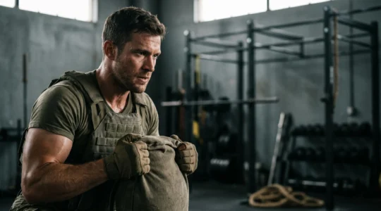 Soldat d'élite en préparation physique intensive dans un environnement d'entraînement militaire