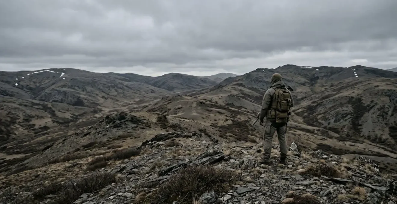 Militaire en tenue tactique opérant dans un environnement austère et minimaliste