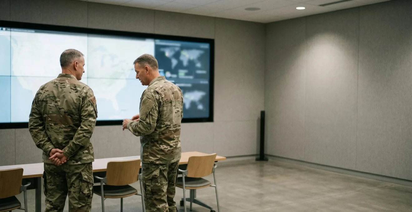 Salle de commandement stratégique moderne avec responsables militaires analysant une situation de crise