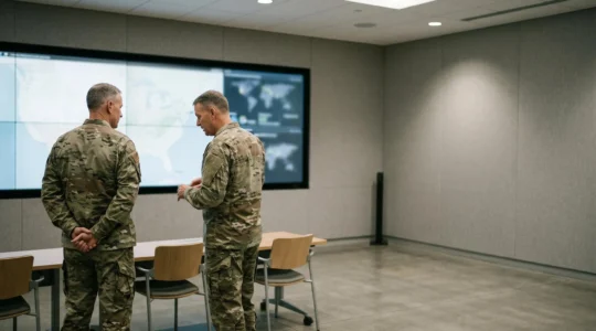 Salle de commandement stratégique moderne avec responsables militaires analysant une situation de crise