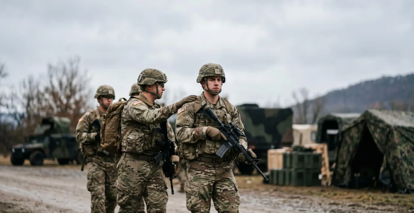 Soldats en formation tactique combinant vigilance et retenue opérationnelle