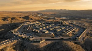 Installation militaire fortifiée avec systèmes de sécurité avancés maintenant l'activité opérationnelle