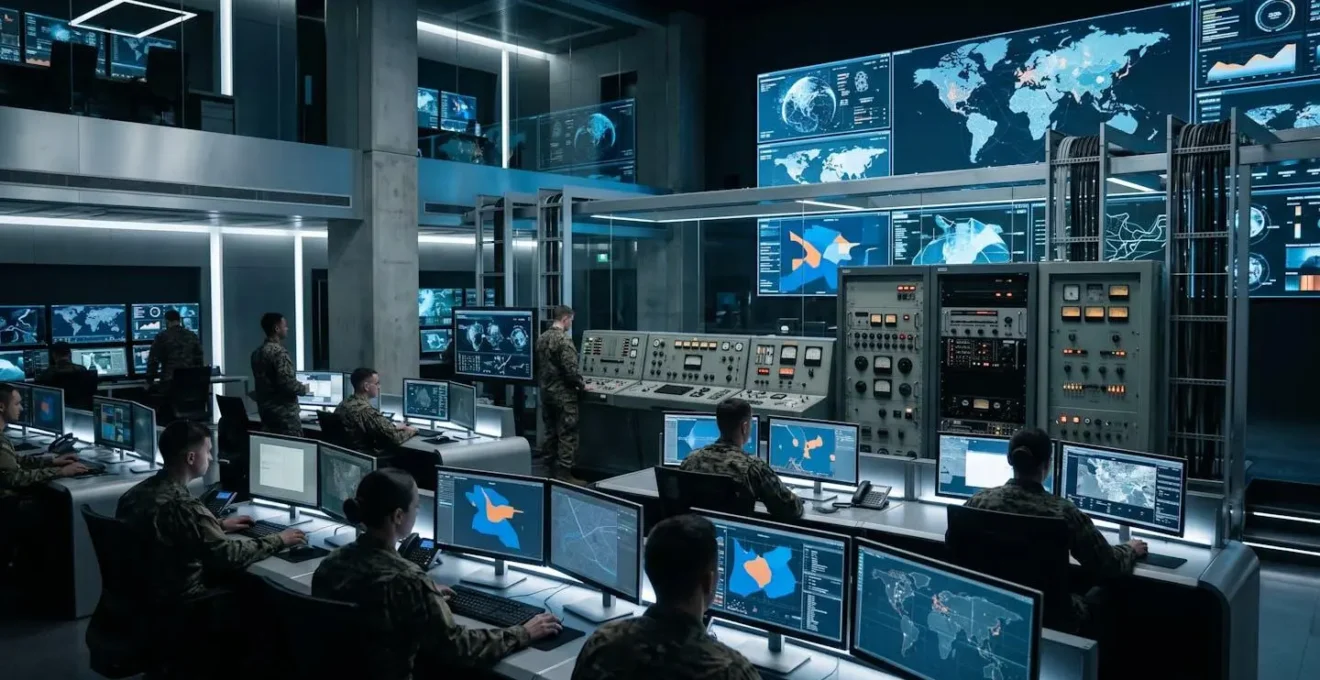 Poste de commandement militaire tactique illustrant la coordination de systemes d'armes de differentes generations en temps reel