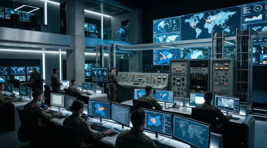 Poste de commandement militaire tactique illustrant la coordination de systemes d'armes de differentes generations en temps reel