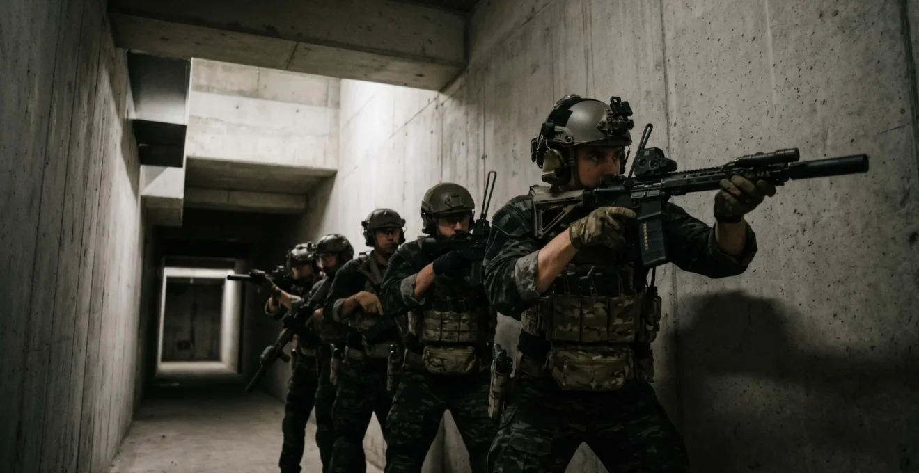 Opérateurs de forces spéciales en position d'assaut tactique dans un environnement confiné sombre
