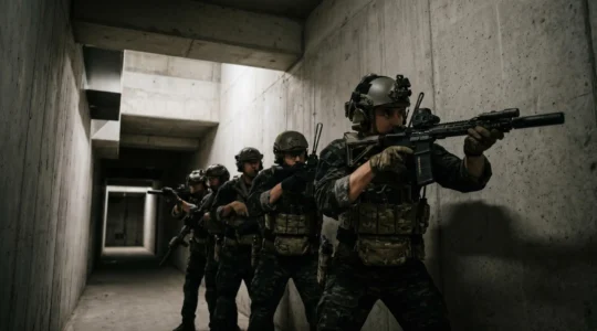 Opérateurs de forces spéciales en position d'assaut tactique dans un environnement confiné sombre