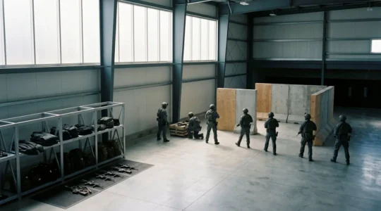 Scène représentant le contrôle professionnel d'une situation hostile dans un cadre opérationnel sécurisé