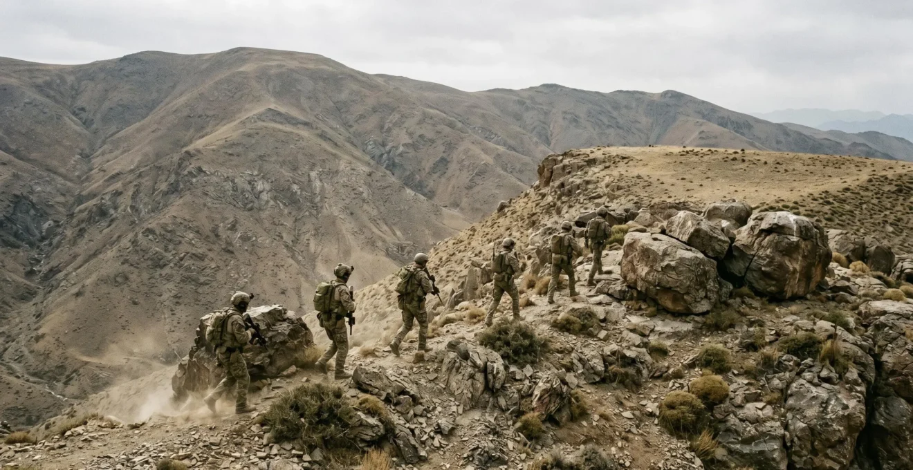 Progression tactique d'une unité militaire en zone hostile avec mouvements coordonnés
