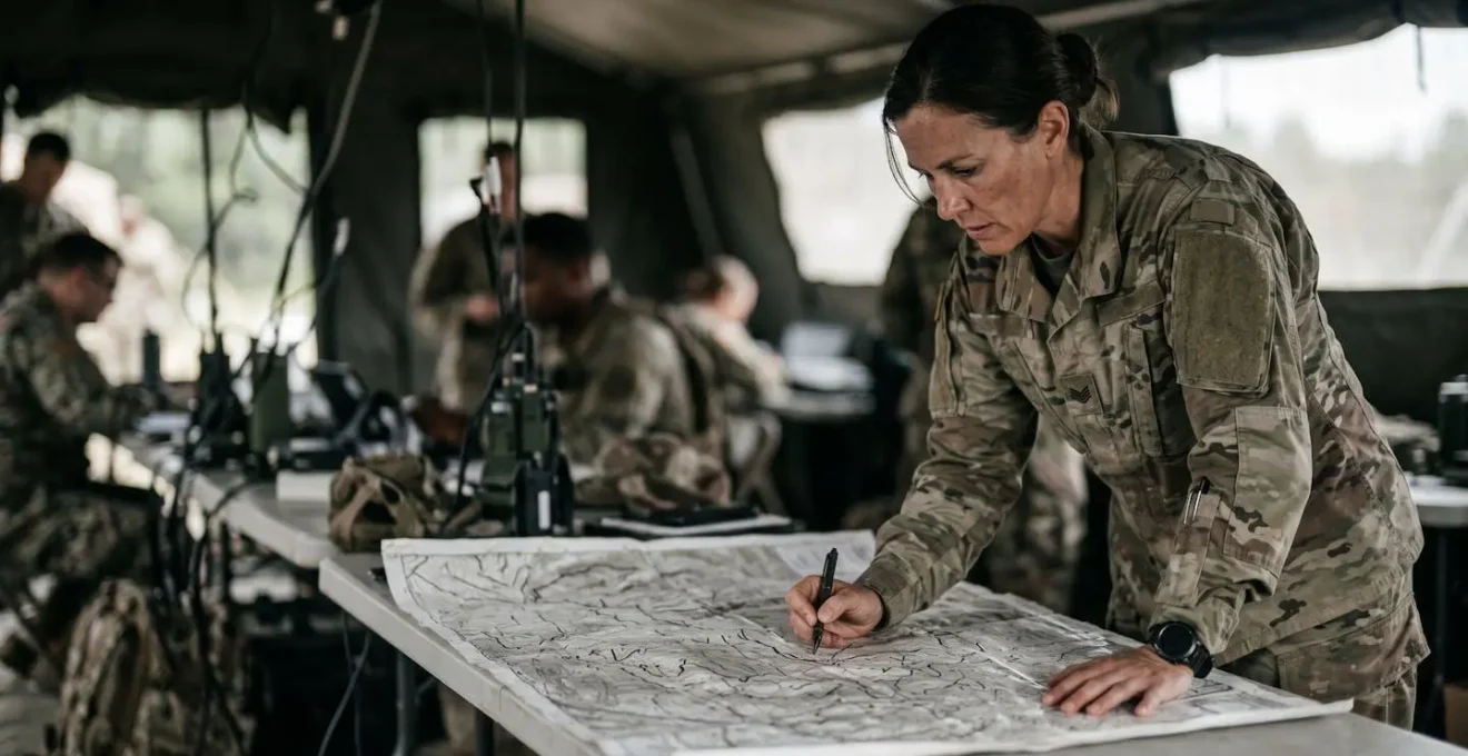 Commandant d'unité militaire analysant une situation tactique complexe sur le terrain