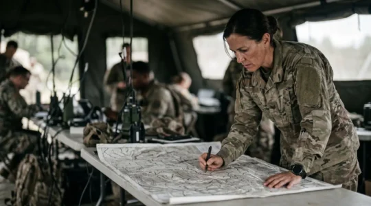 Commandant d'unité militaire analysant une situation tactique complexe sur le terrain