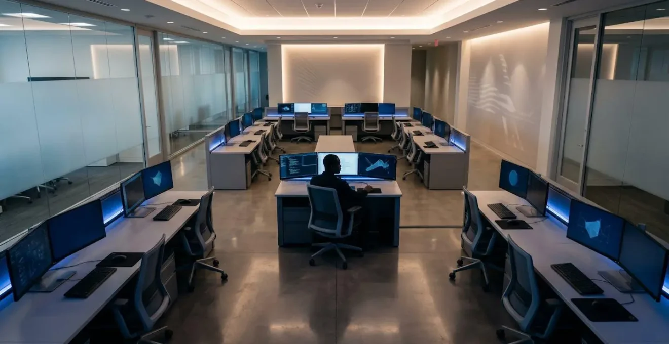 Salle d'opérations de sécurité d'entreprise avec analyse de menaces numériques et surveillance stratégique
