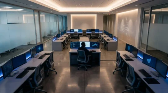 Salle d'opérations de sécurité d'entreprise avec analyse de menaces numériques et surveillance stratégique
